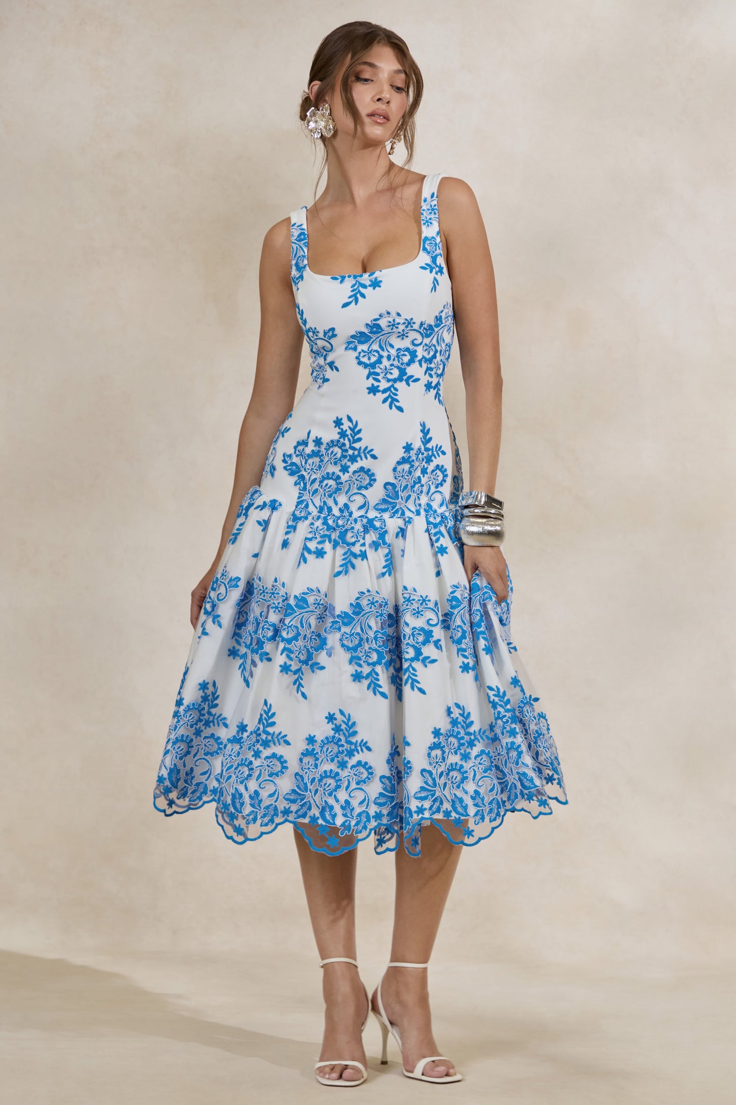 Mayra | Blue Lace Square-Neck Midi Dress With Voluminous Skirt