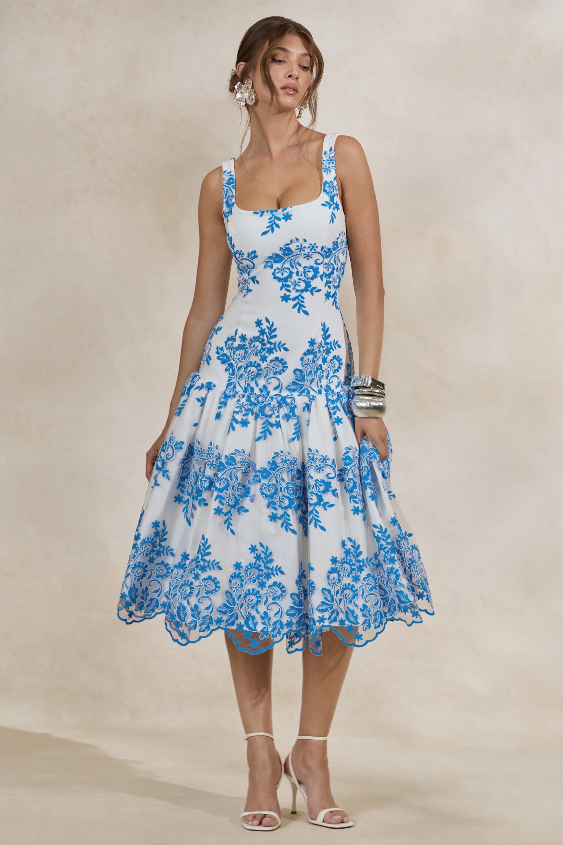 Mayra | Blue Lace Square-Neck Midi Dress With Voluminous Skirt
