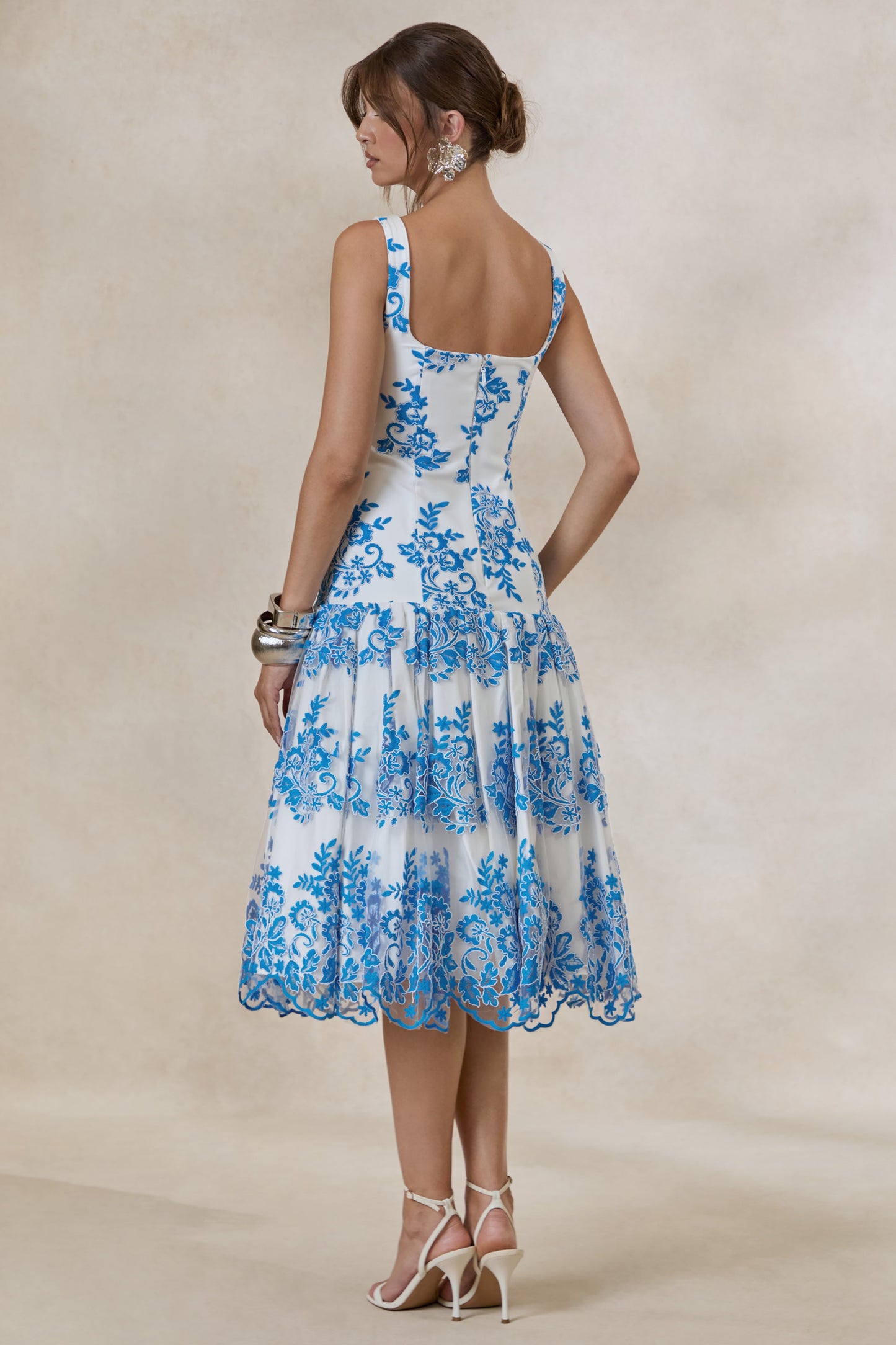 Mayra | Blue Lace Square-Neck Midi Dress With Voluminous Skirt