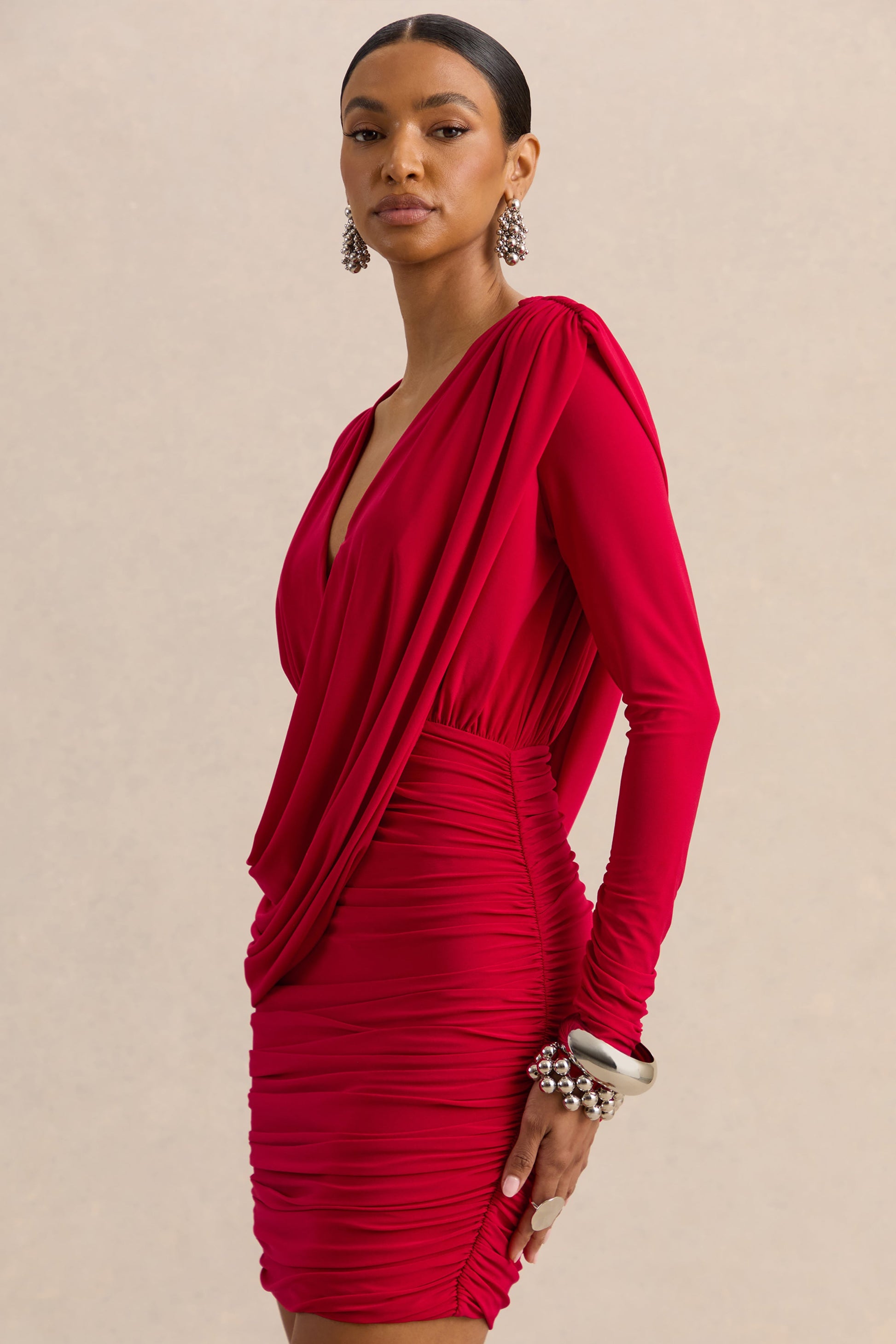 Ajana | Red Plunge-Neck Wrapped Mini Dress