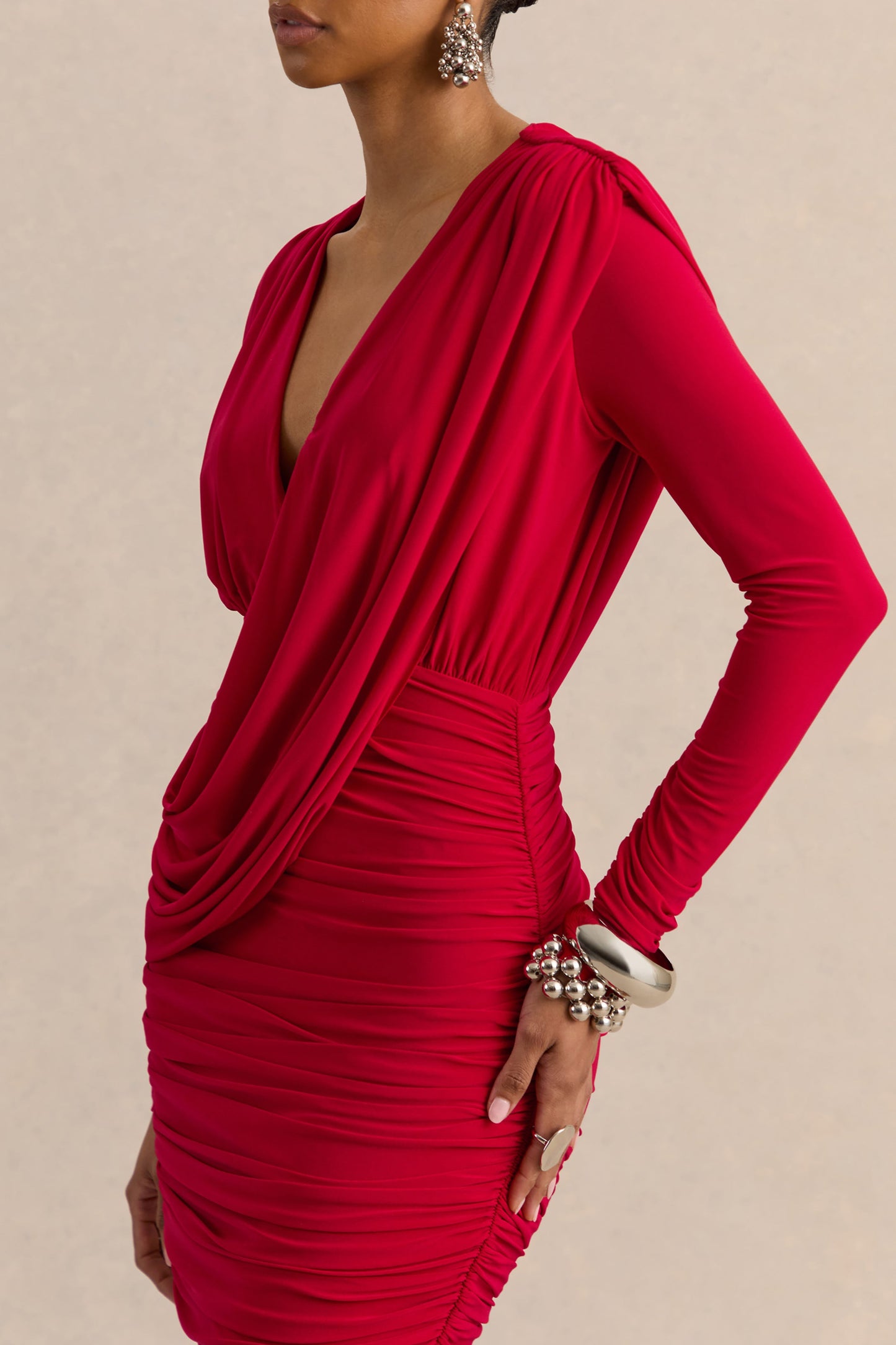 Ajana | Red Plunge-Neck Wrapped Mini Dress