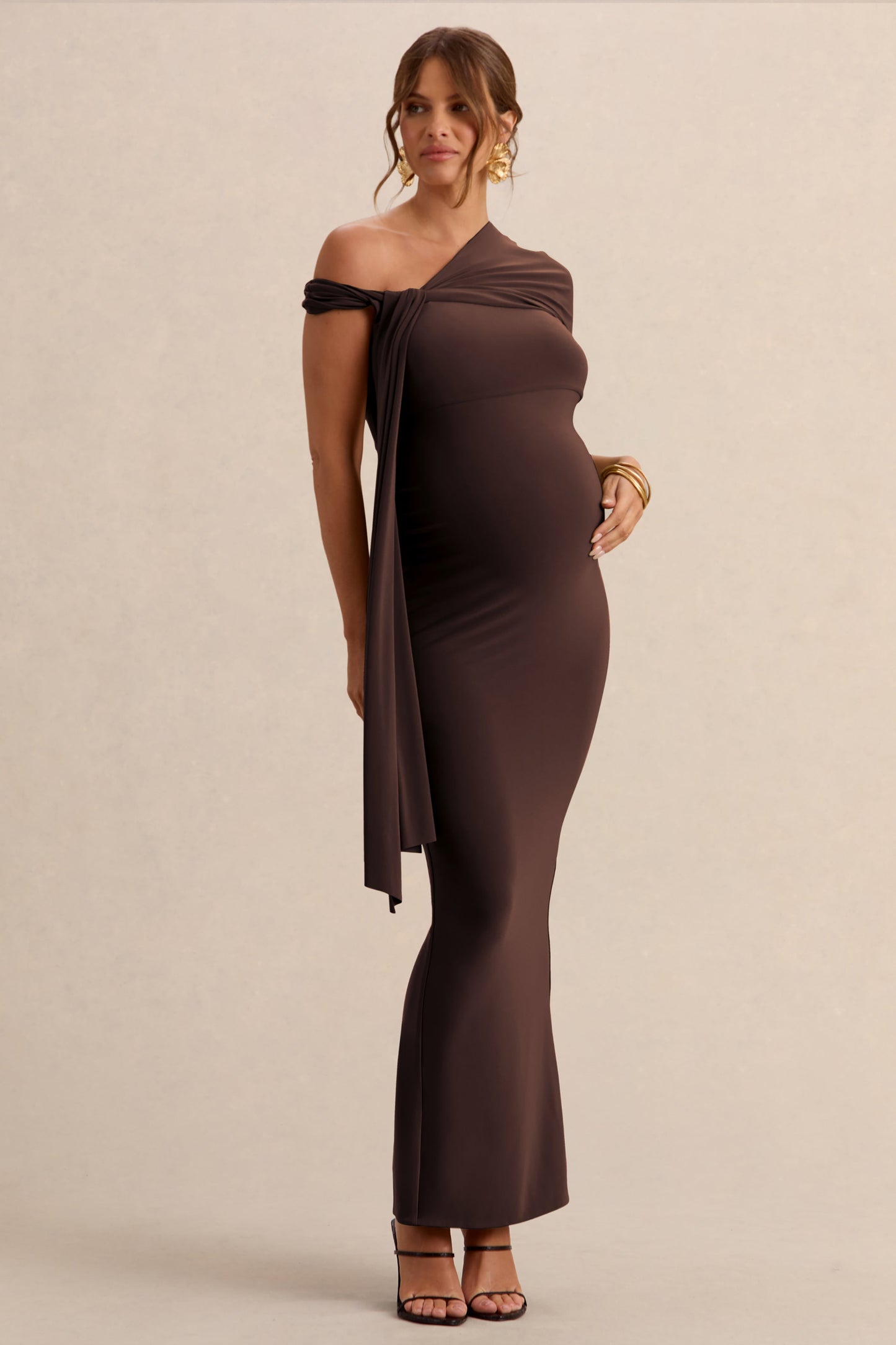 Isela | Dark Brown Asymmetric-Neck Maternity Maxi Dress With Sash Detail