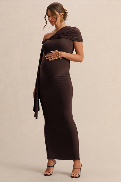 Isela | Dark Brown Asymmetric-Neck Maternity Maxi Dress With Sash Detail