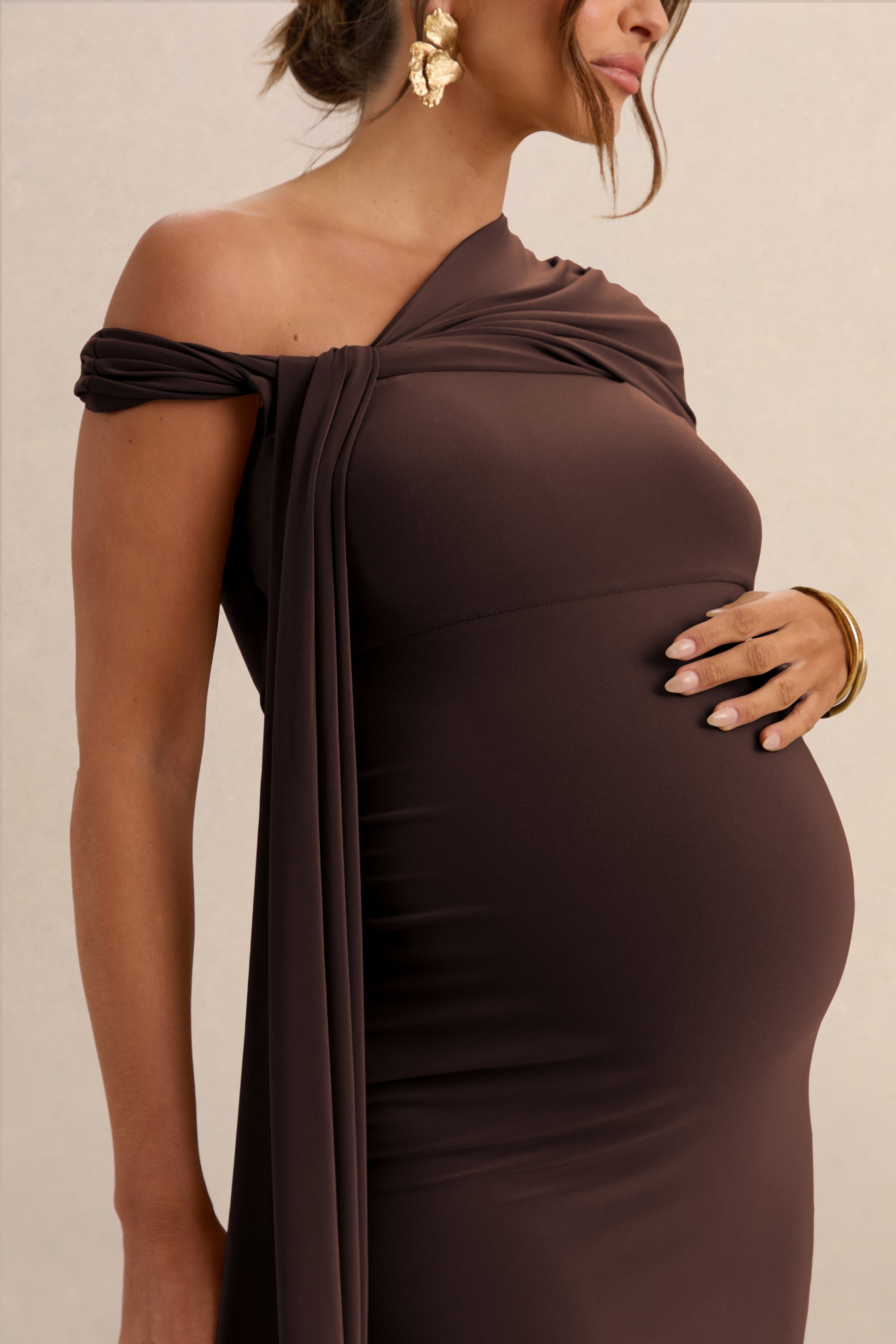 Isela | Dark Brown Asymmetric-Neck Maternity Maxi Dress With Sash Detail