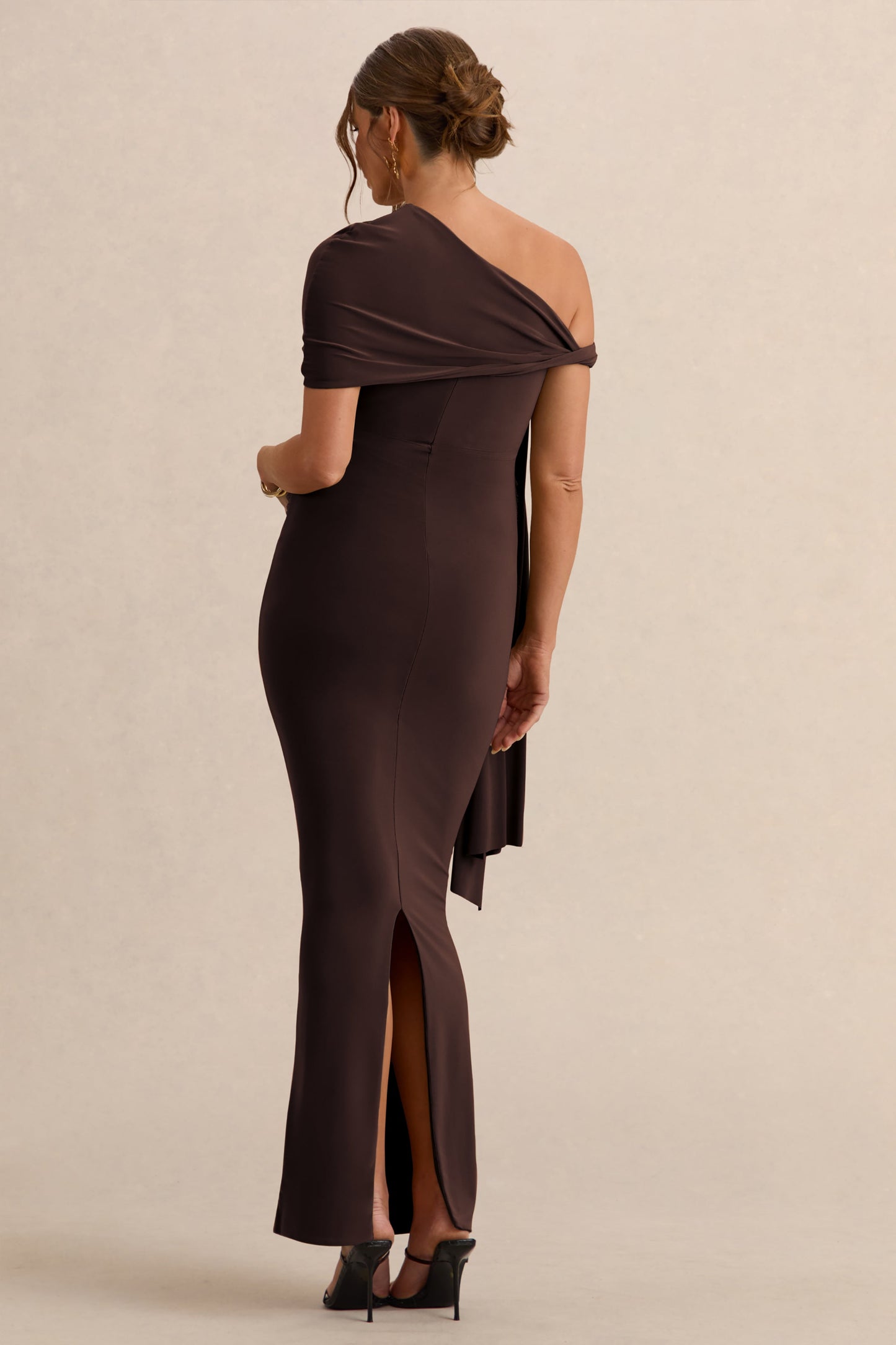 Isela | Dark Brown Asymmetric-Neck Maternity Maxi Dress With Sash Detail