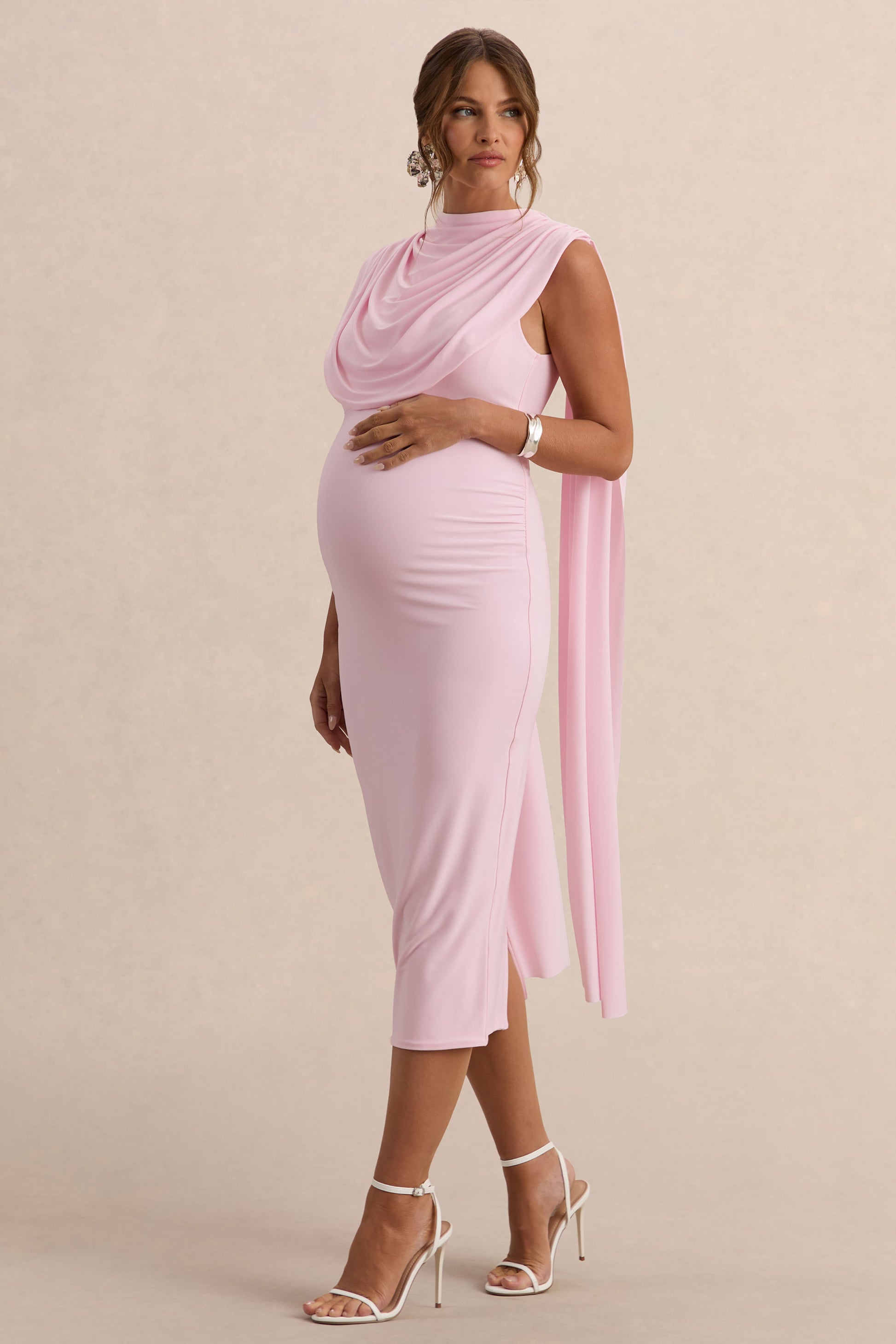 Milaine | Light Pink Round-Neck Maternity Midi Dress With Cape Sleeves