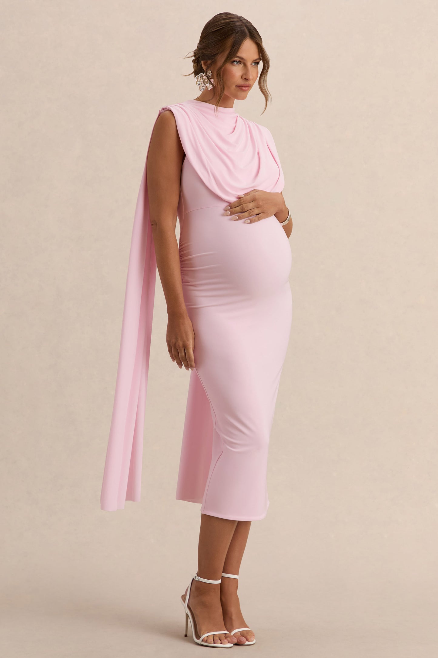 Milaine | Light Pink Round-Neck Maternity Midi Dress With Cape Sleeves