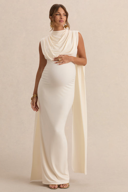 Belva | Cream High-Neck Maternity Maxi Dress With Cape Detail