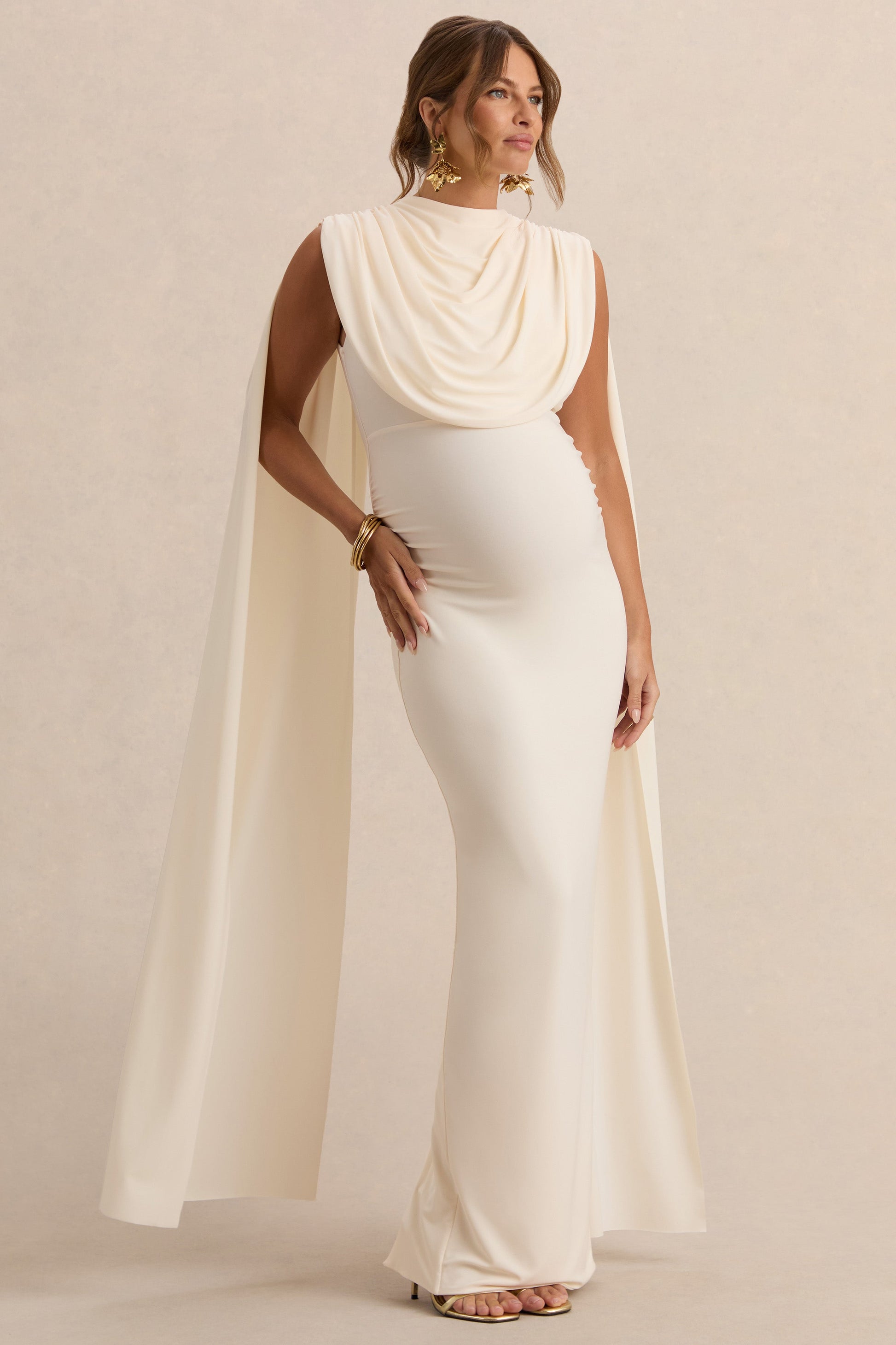 Belva | Cream High-Neck Maternity Maxi Dress With Cape Detail