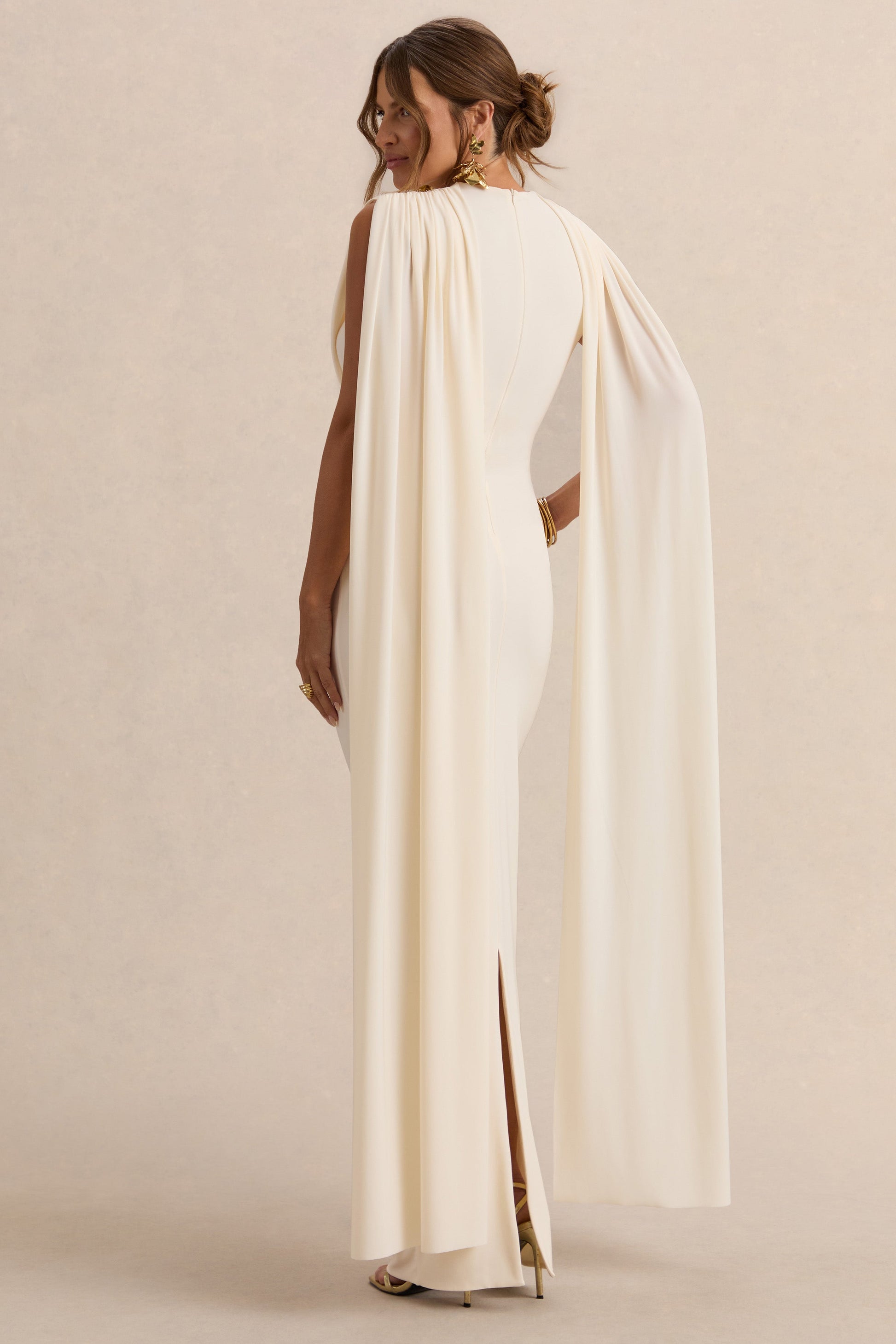 Belva | Cream High-Neck Maternity Maxi Dress With Cape Detail