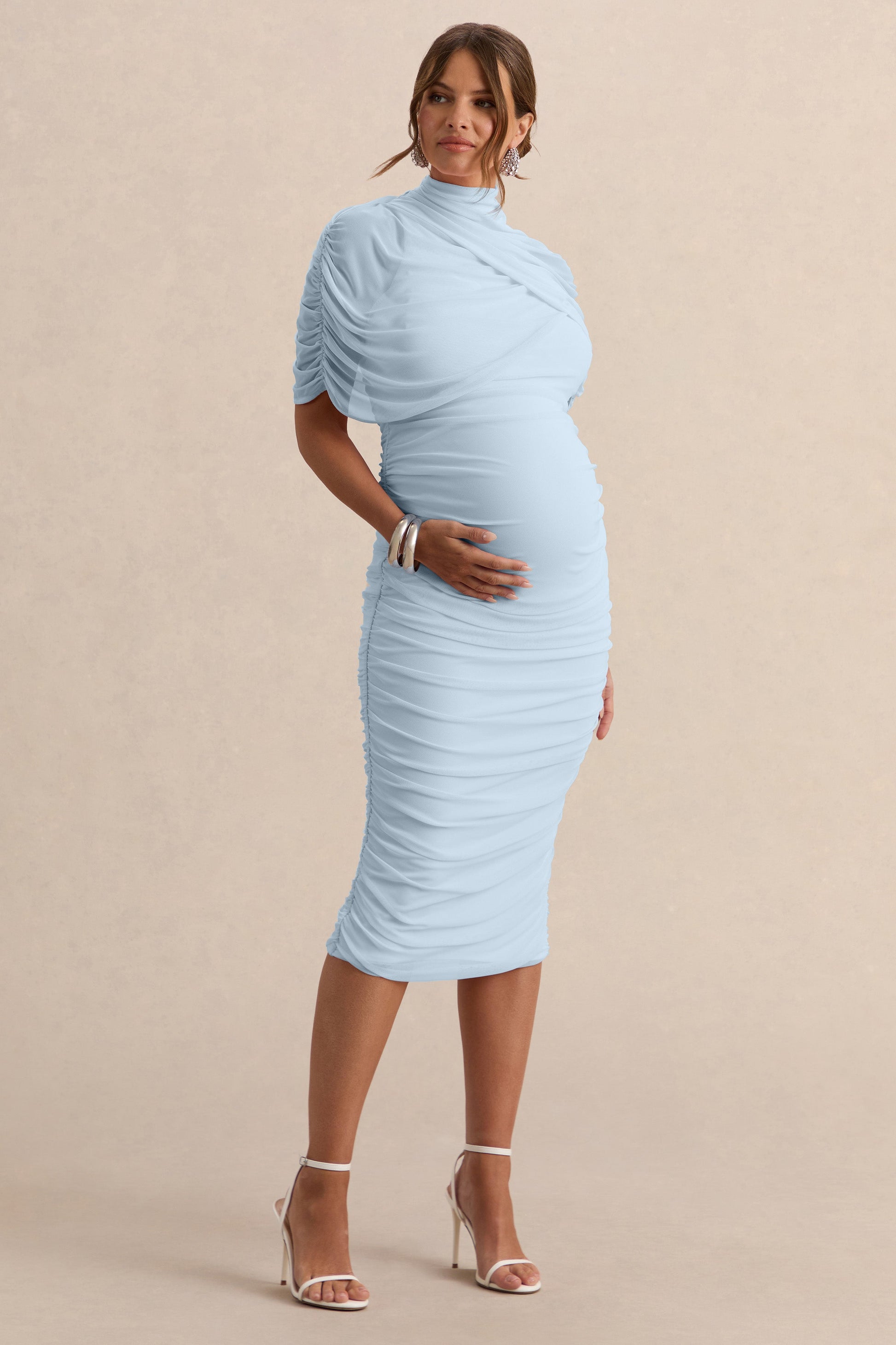 Aderyn | Light Blue High-Neck Maternity Midi Dress With Sheer Cape Sleeves