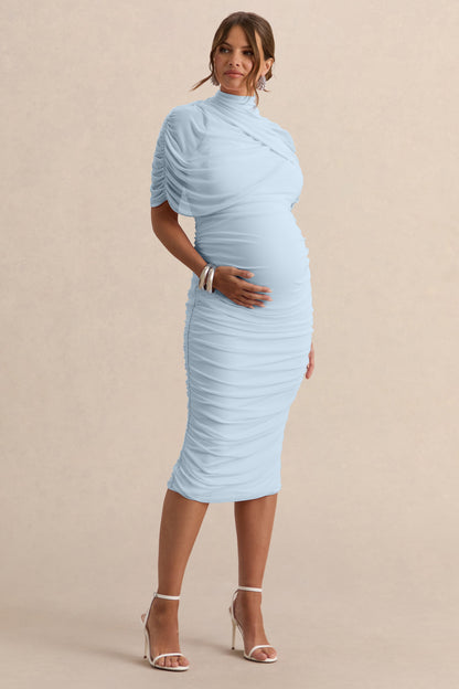 Aderyn | Light Blue High-Neck Maternity Midi Dress With Sheer Cape Sleeves