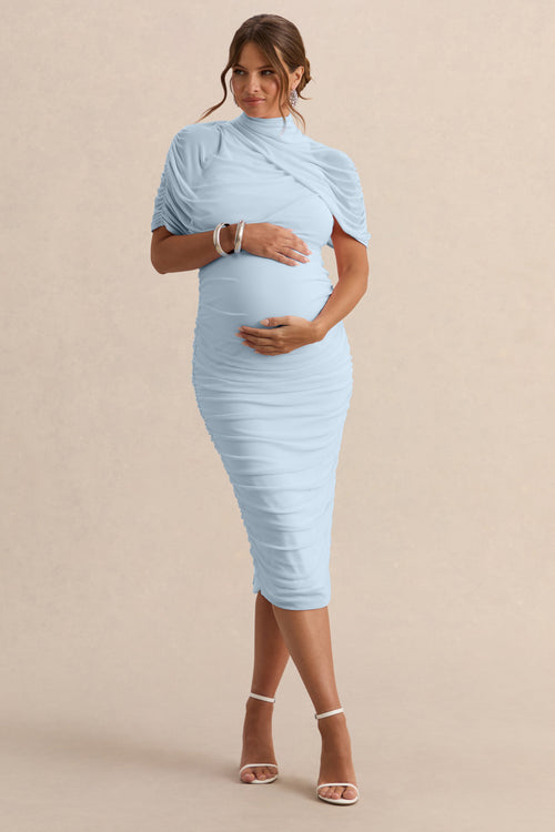 Aderyn | Light Blue High-Neck Maternity Midi Dress With Sheer Cape Sleeves