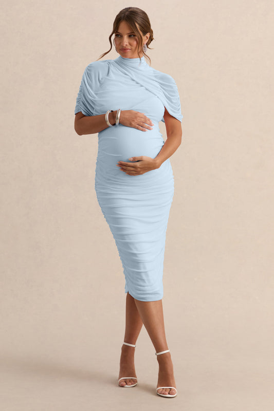 Aderyn | Light Blue High-Neck Maternity Midi Dress With Sheer Cape Sleeves