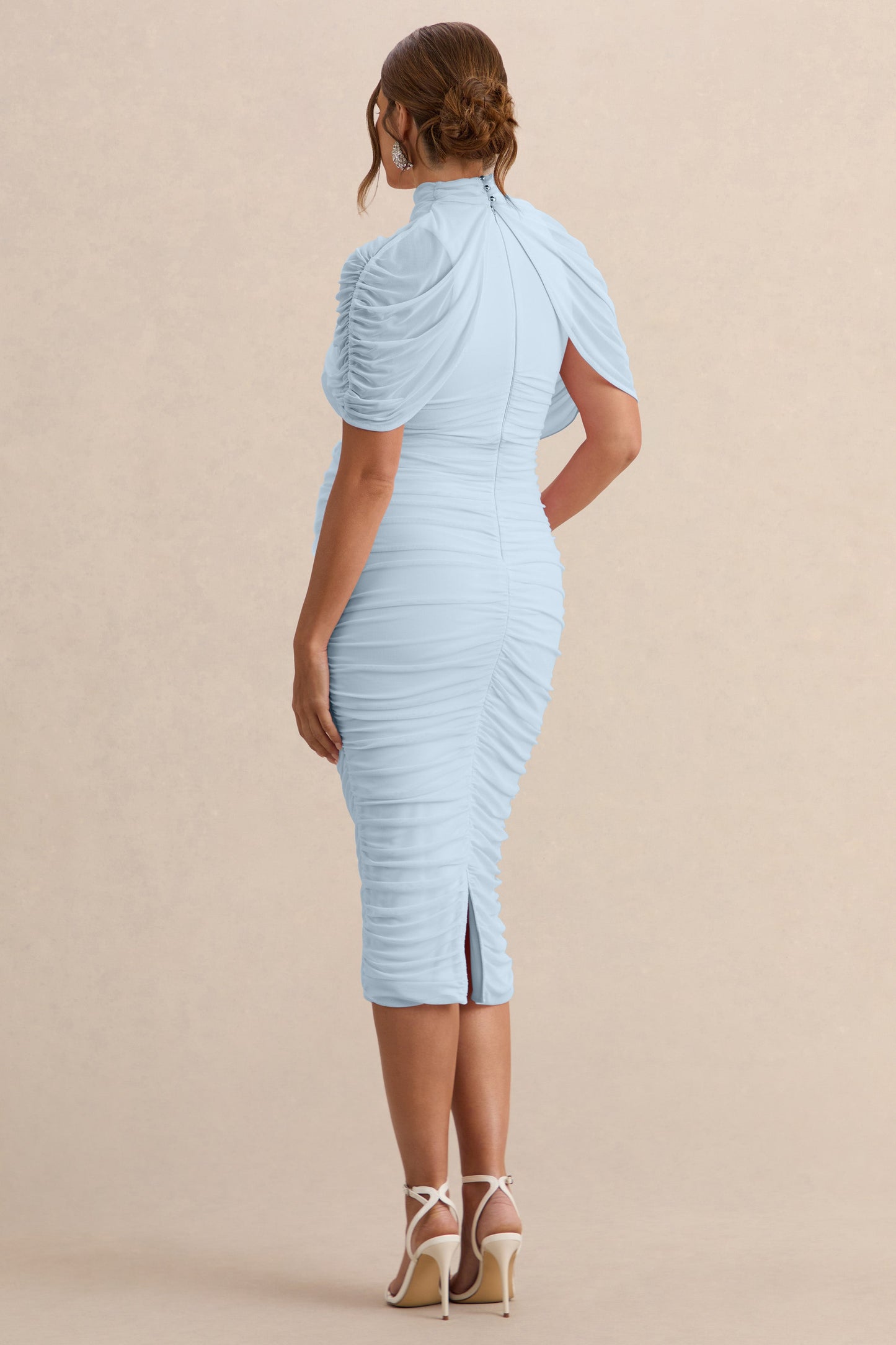 Aderyn | Light Blue High-Neck Maternity Midi Dress With Sheer Cape Sleeves