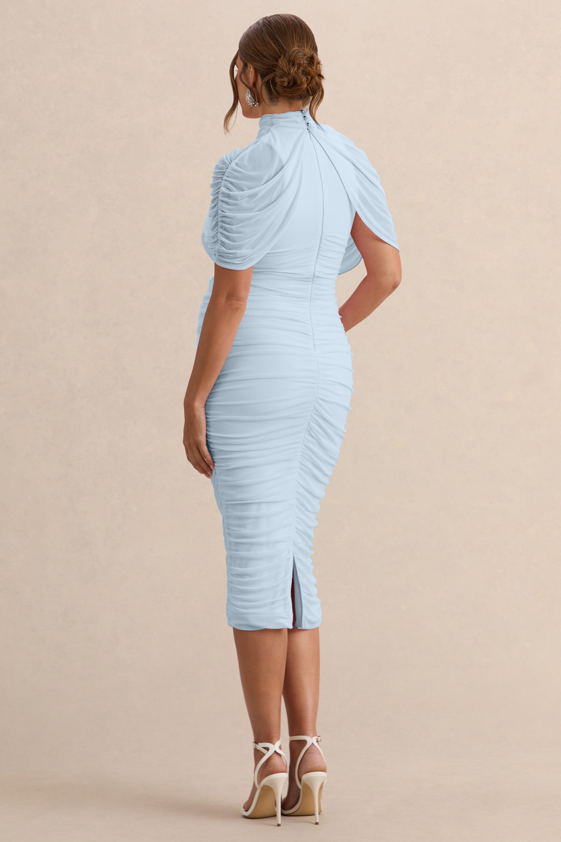 Aderyn | Light Blue High-Neck Maternity Midi Dress With Sheer Cape Sleeves