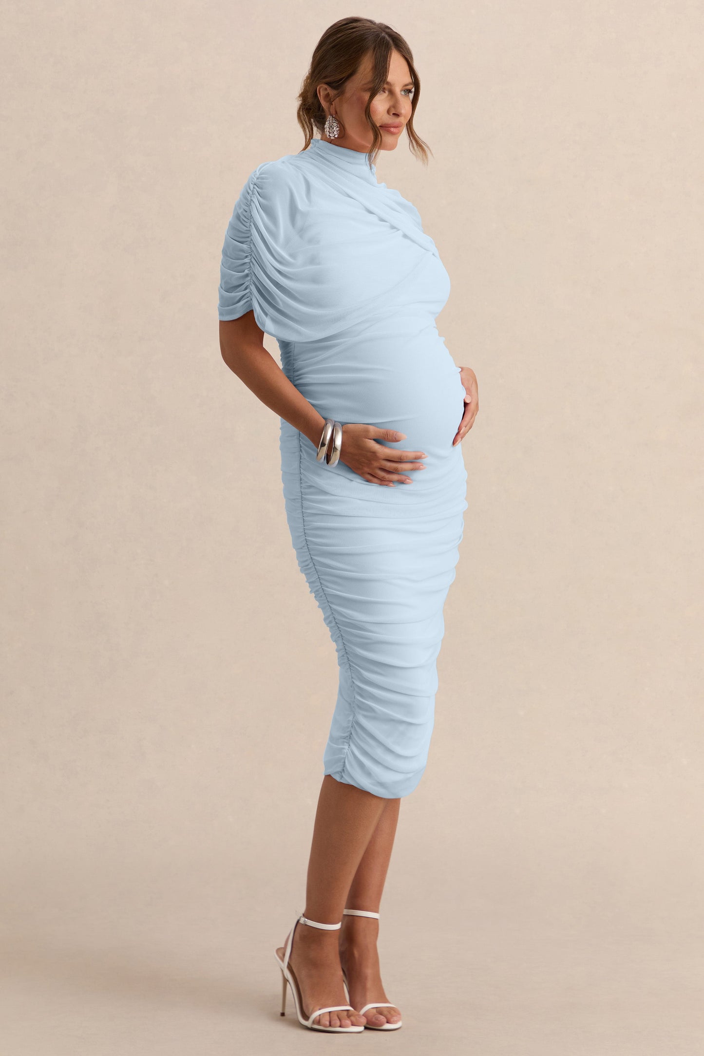 Aderyn | Light Blue High-Neck Maternity Midi Dress With Sheer Cape Sleeves