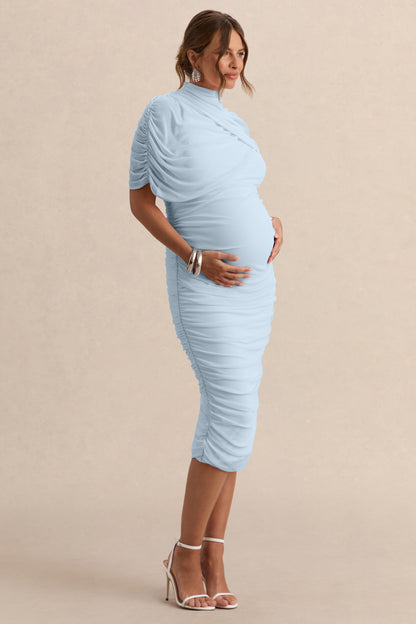Aderyn | Light Blue High-Neck Maternity Midi Dress With Sheer Cape Sleeves