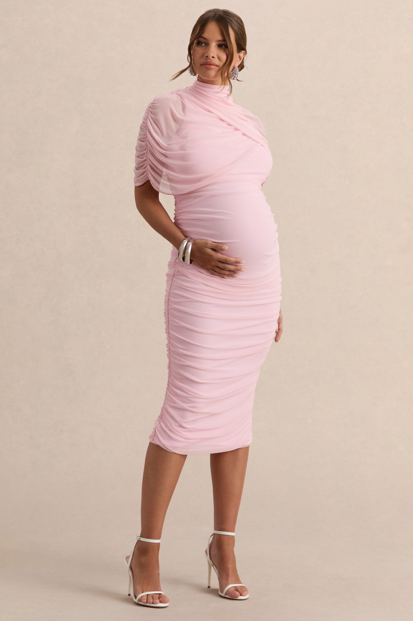 Aderyn | Light Pink High-Neck Maternity Midi Dress With Sheer Cape Sleeves