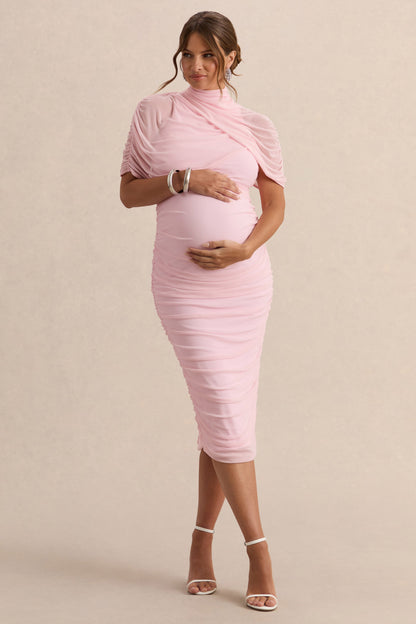 Aderyn | Light Pink High-Neck Maternity Midi Dress With Sheer Cape Sleeves