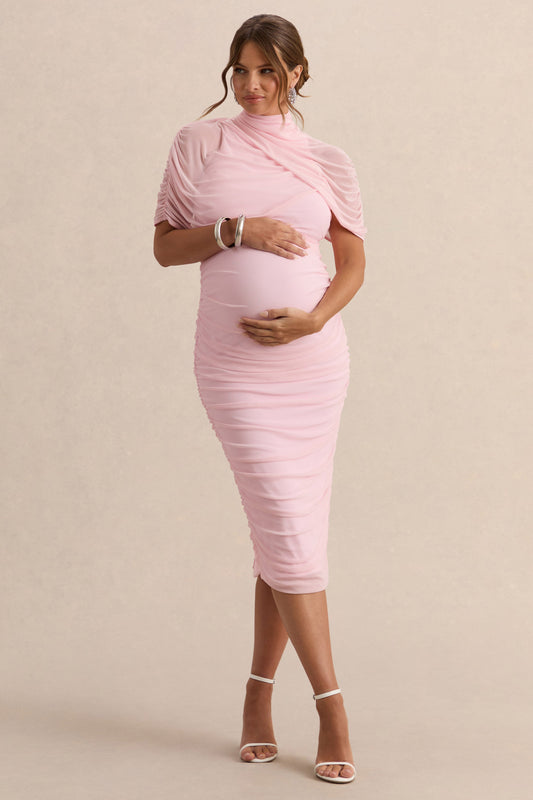 Aderyn | Light Pink High-Neck Maternity Midi Dress With Sheer Cape Sleeves