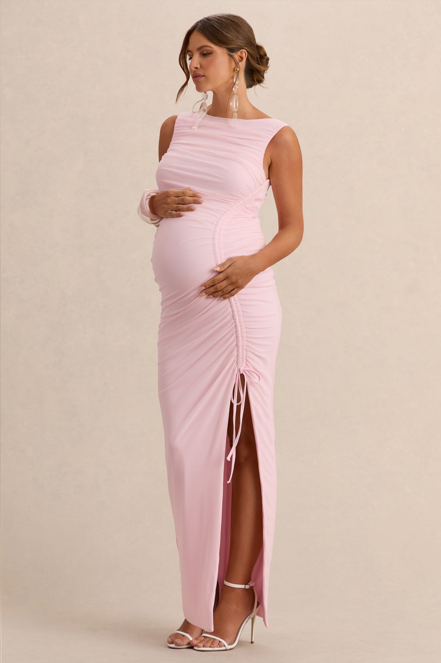 Alitha | Light Pink Round-Neck Maternity Maxi Dress With Ruched Detailing And Front Split