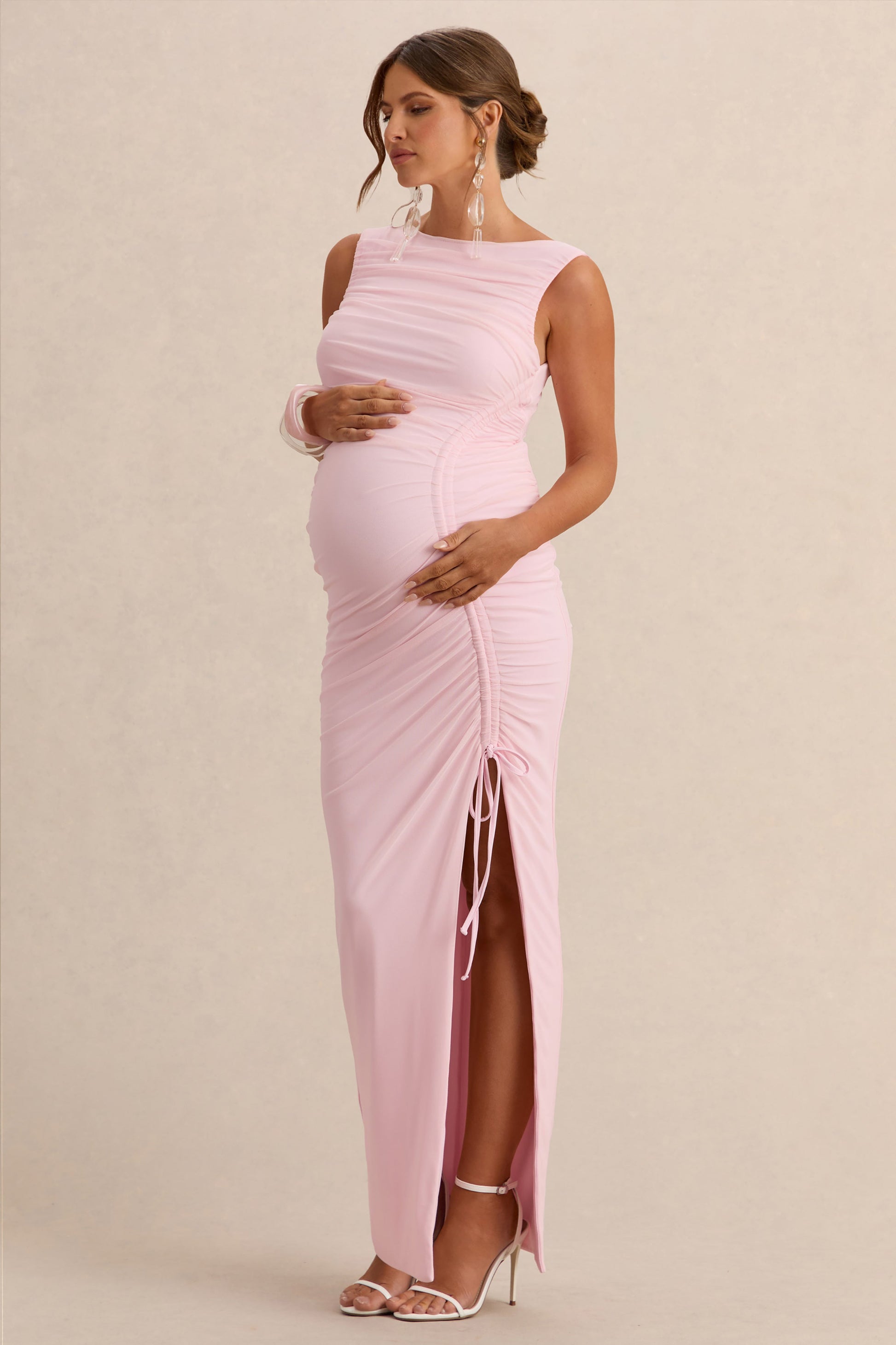 Alitha | Light Pink Round-Neck Maternity Maxi Dress With Ruched Detailing And Front Split