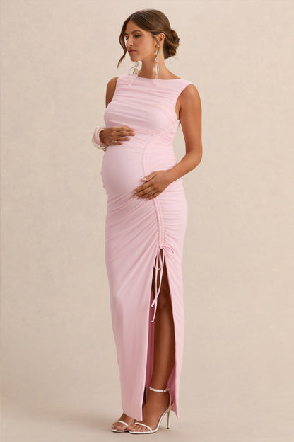 Alitha | Light Pink Round-Neck Maternity Maxi Dress With Ruched Detailing And Front Split