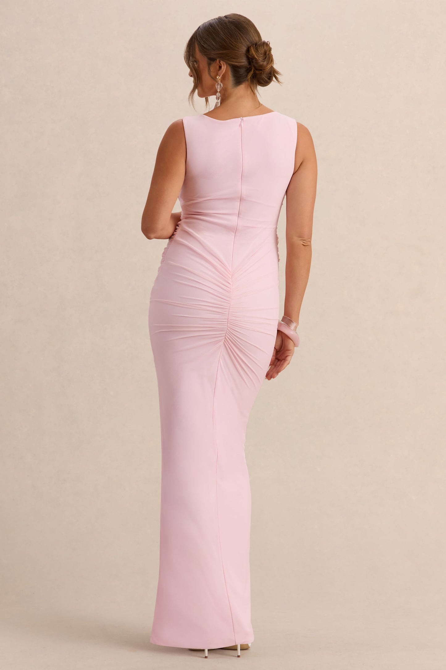Alitha | Light Pink Round-Neck Maternity Maxi Dress With Ruched Detailing And Front Split