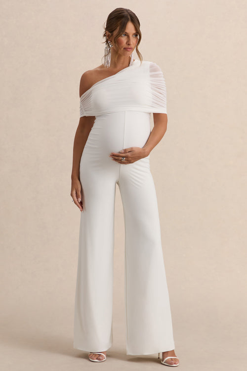 Mariska | White Asymmetric-Neck Maternity Jumpsuit