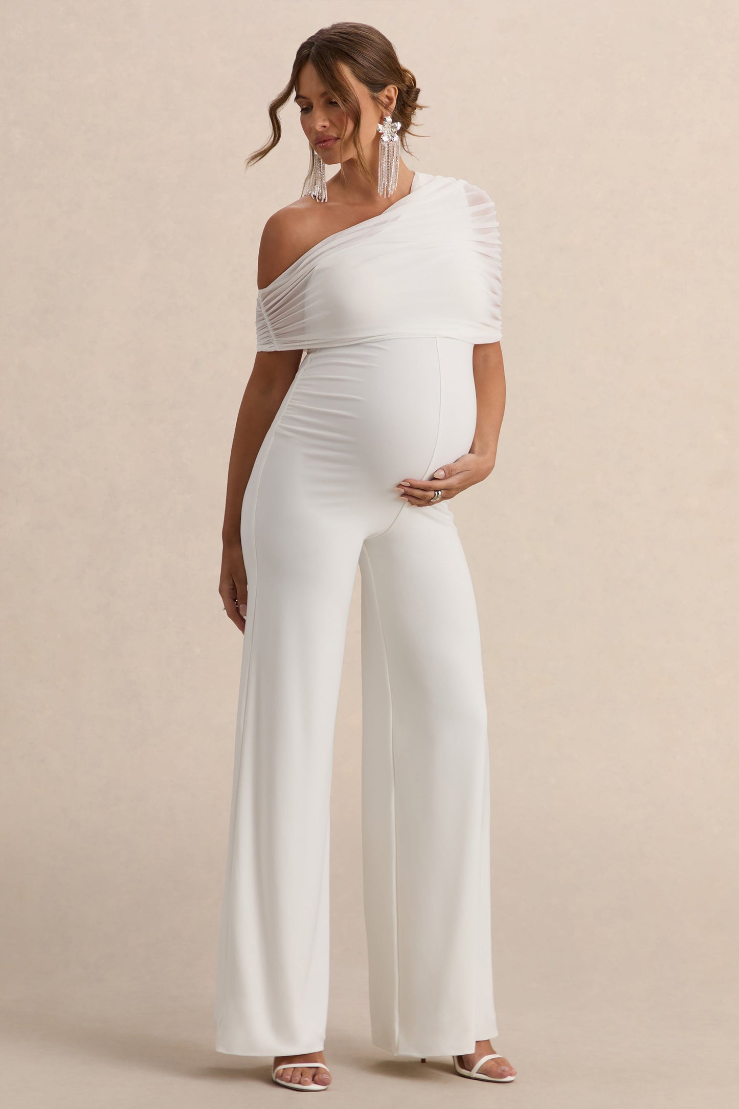 Mariska | White Asymmetric-Neck Maternity Jumpsuit