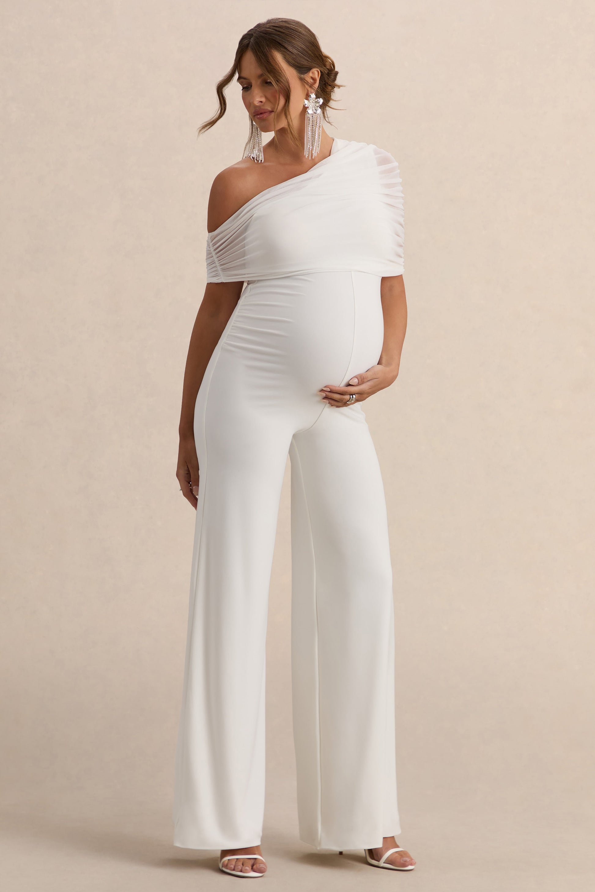 Mariska | White Asymmetric-Neck Maternity Jumpsuit