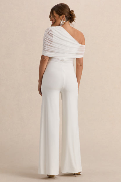 Mariska | White Asymmetric-Neck Maternity Jumpsuit