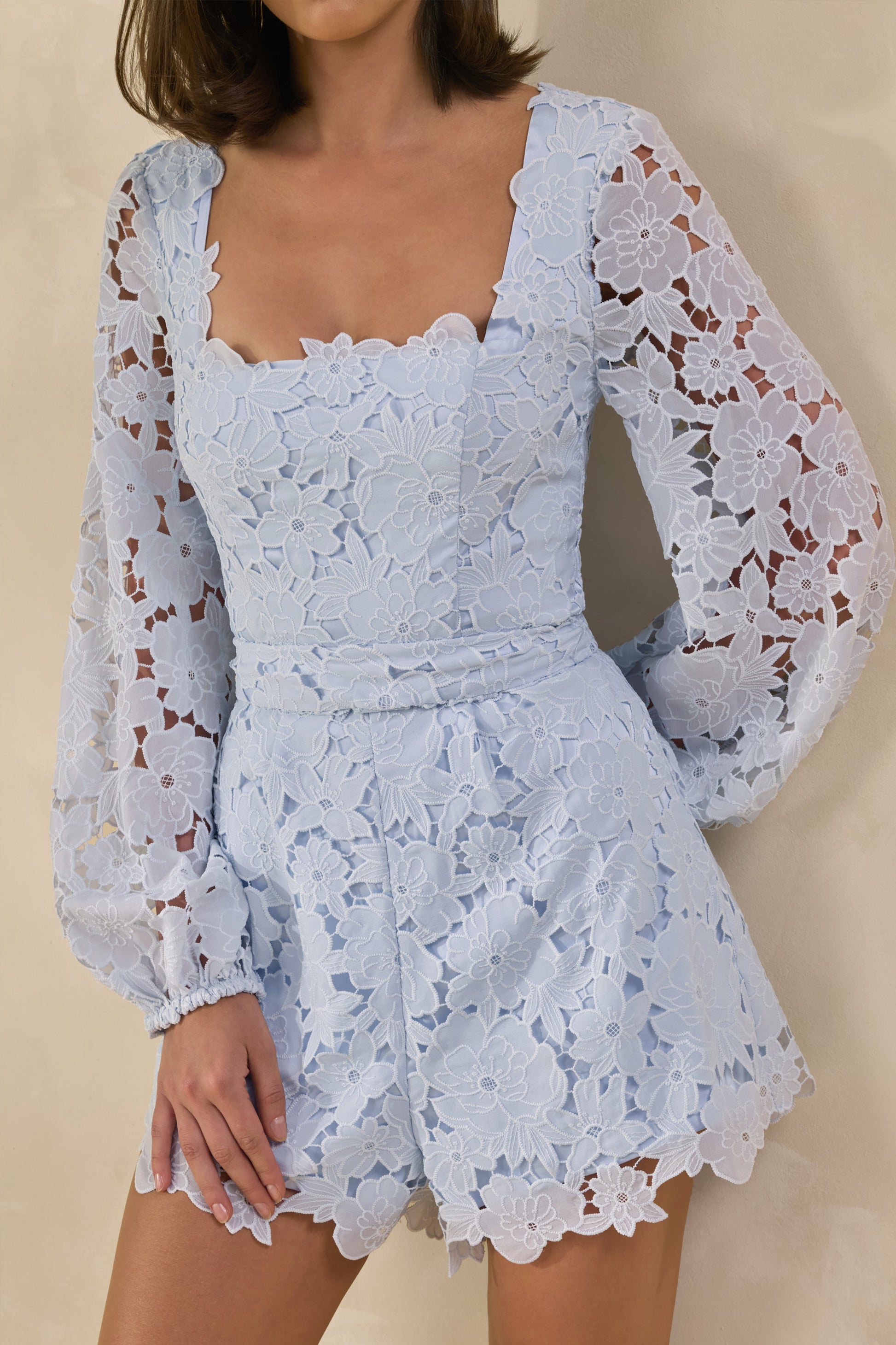 Korinna | Blue Lace Square-Neck Playsuit With Belt Detail
