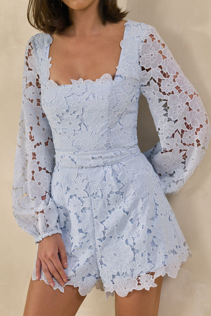 Korinna | Blue Lace Square-Neck Playsuit With Belt Detail