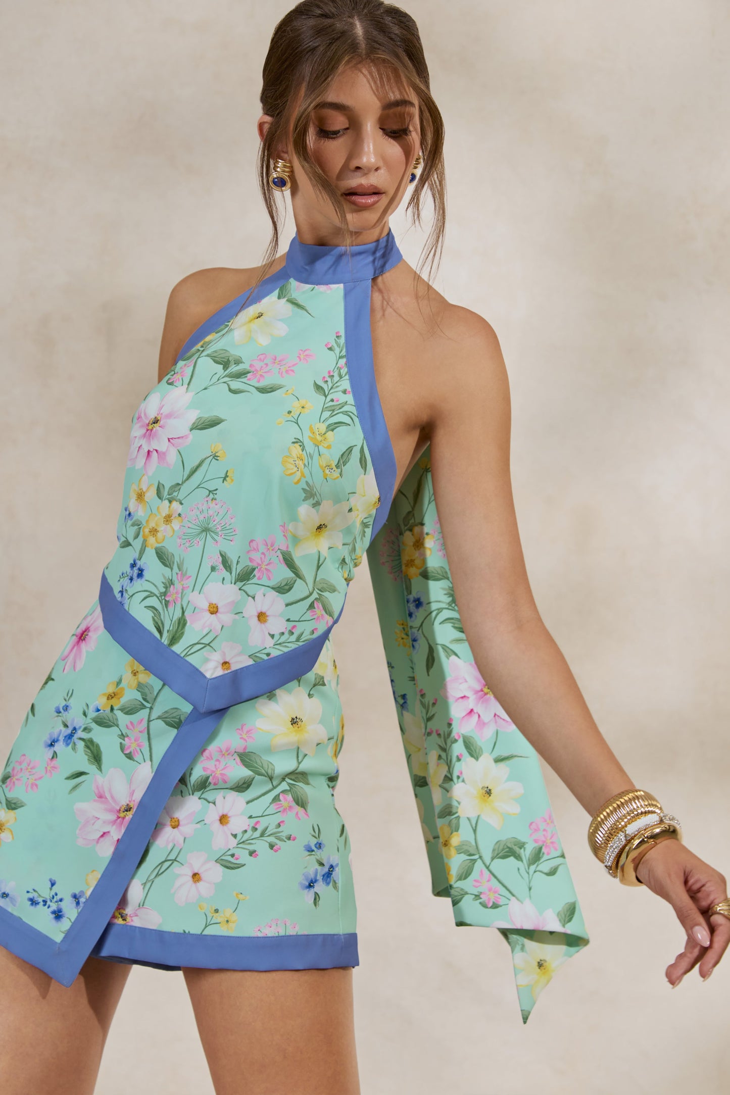 Maritza | Mint Floral Halter-Neck Asymmetric Playsuit