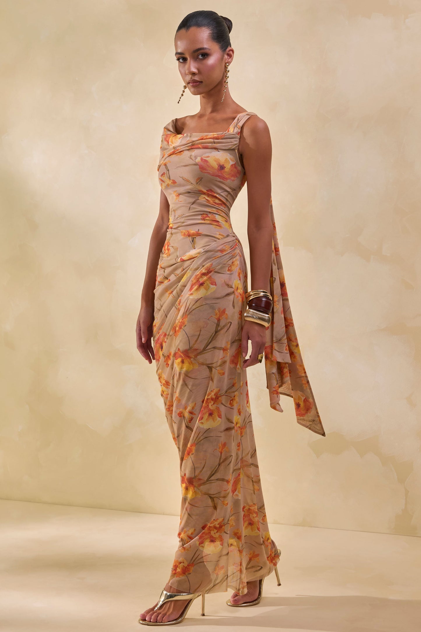 Afton | Orange Floral Mesh Asymmetric-Neck Maxi Dress With Sash Detail