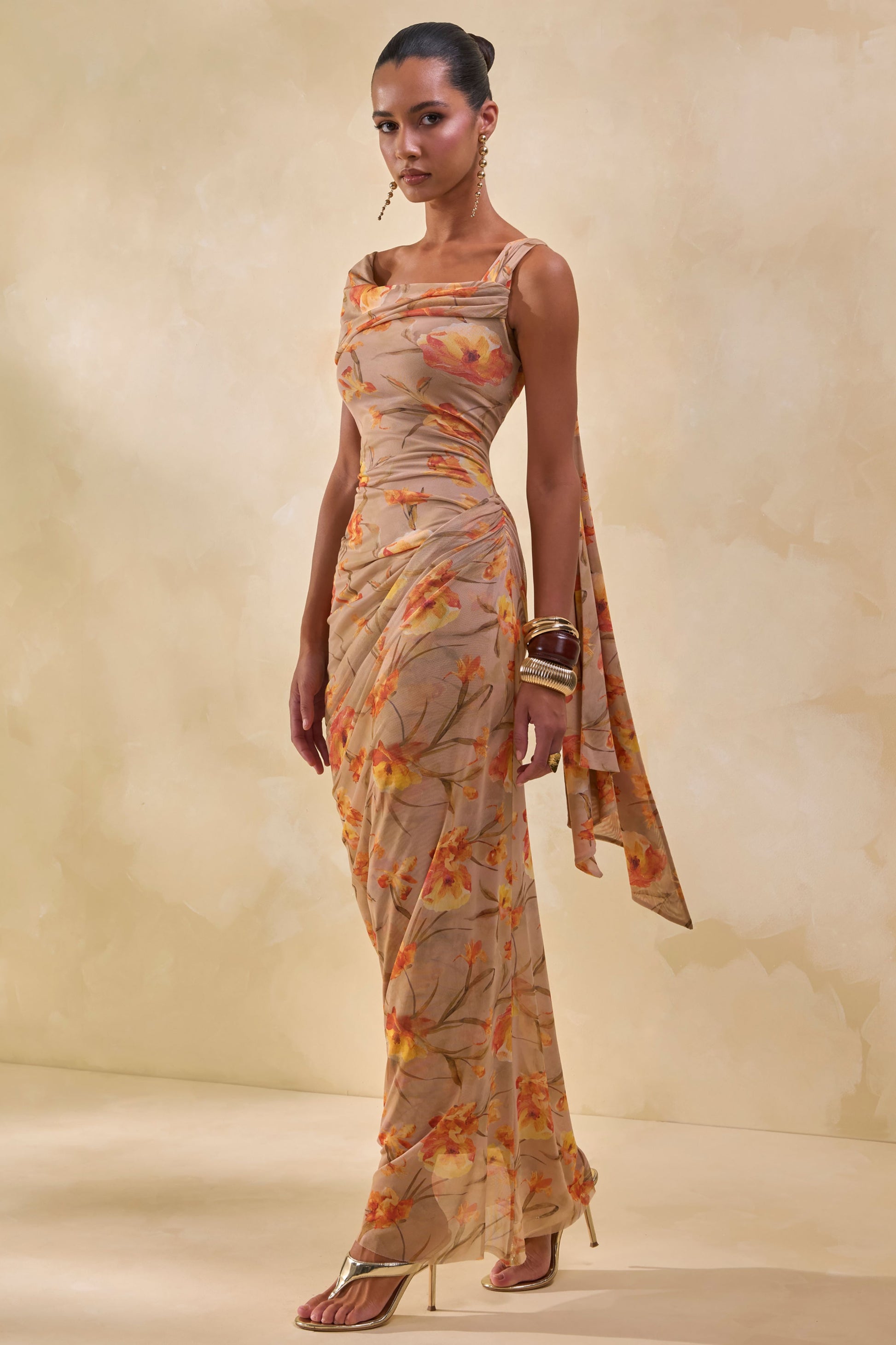 Afton | Orange Floral Mesh Asymmetric-Neck Maxi Dress With Sash Detail