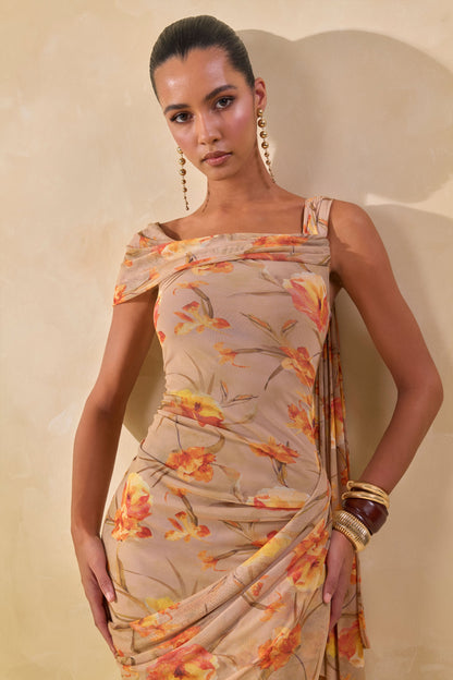 Afton | Orange Floral Mesh Asymmetric-Neck Maxi Dress With Sash Detail