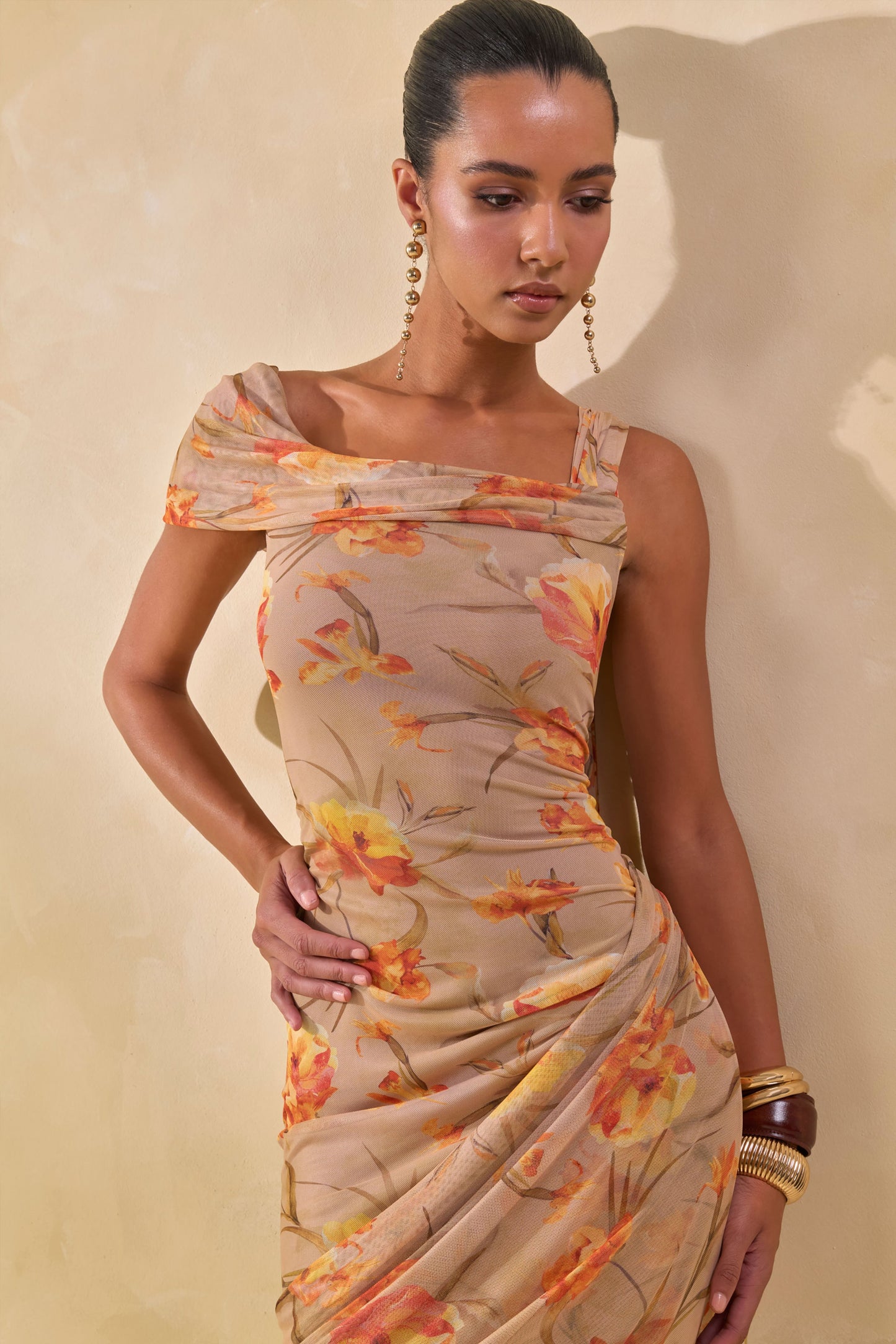 Afton | Orange Floral Mesh Asymmetric-Neck Maxi Dress With Sash Detail