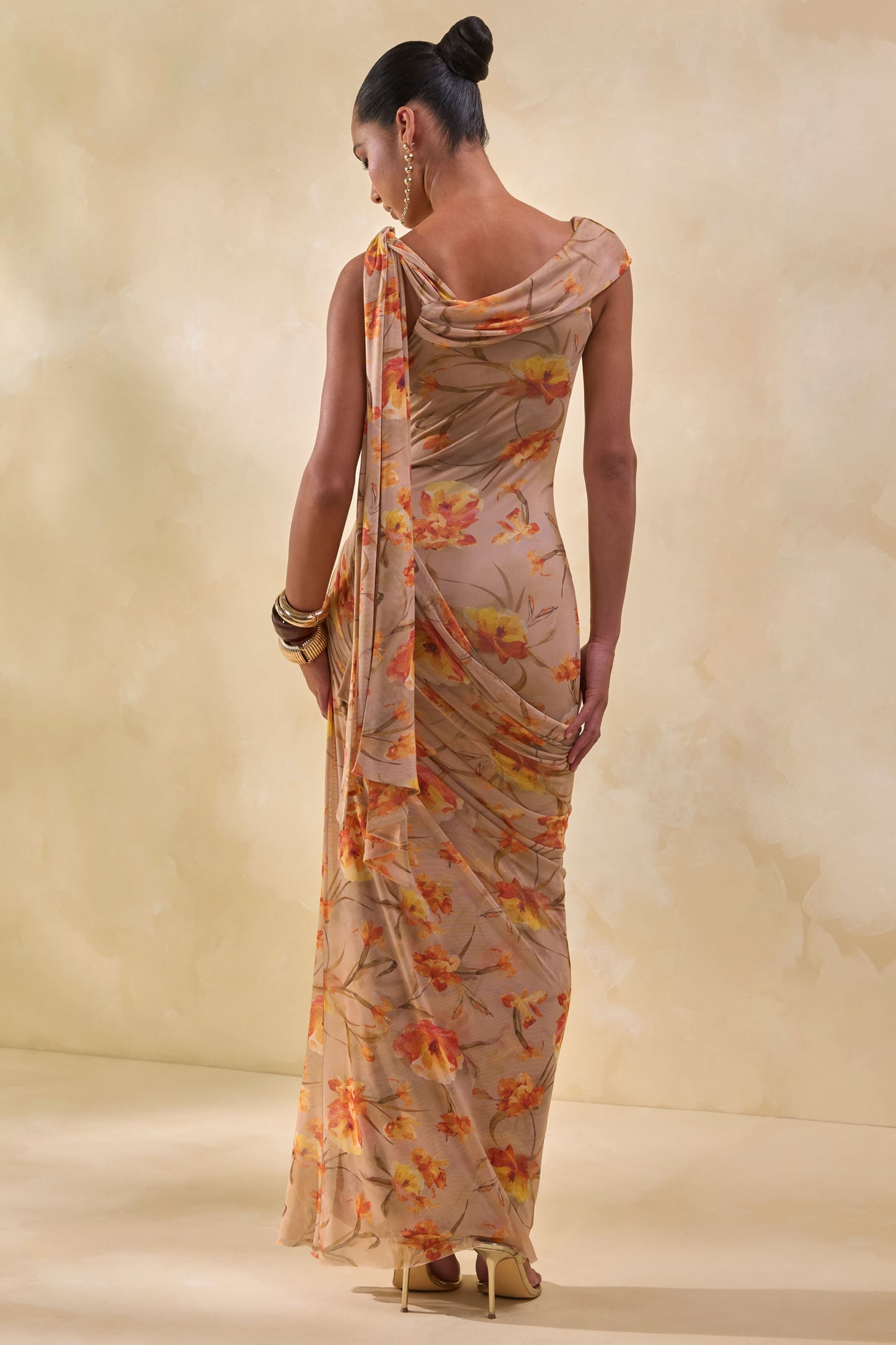 Afton | Orange Floral Mesh Asymmetric-Neck Maxi Dress With Sash Detail