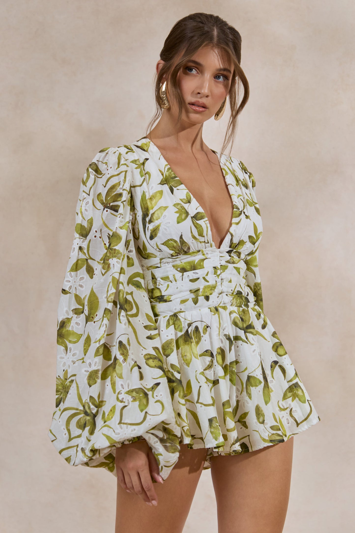 Caron | White And Green Floral Broderie Plunge-Neck Playsuit