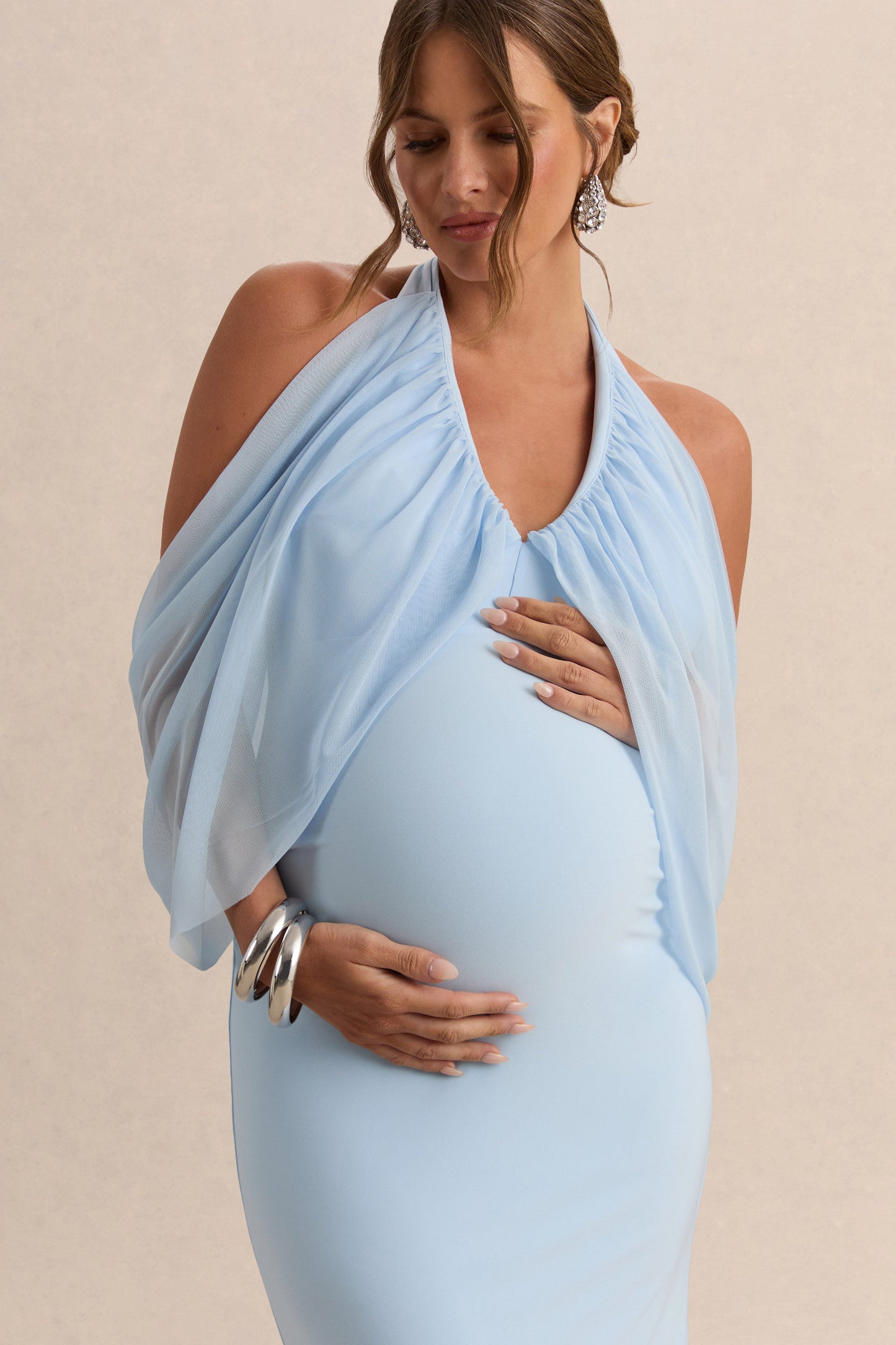 Caris | Light Blue Bardot-Neck Maternity Maxi Dress