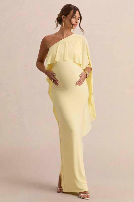 Cicely | Lemon Asymmetric-Neck Maternity Maxi Dress With Cape Sleeve