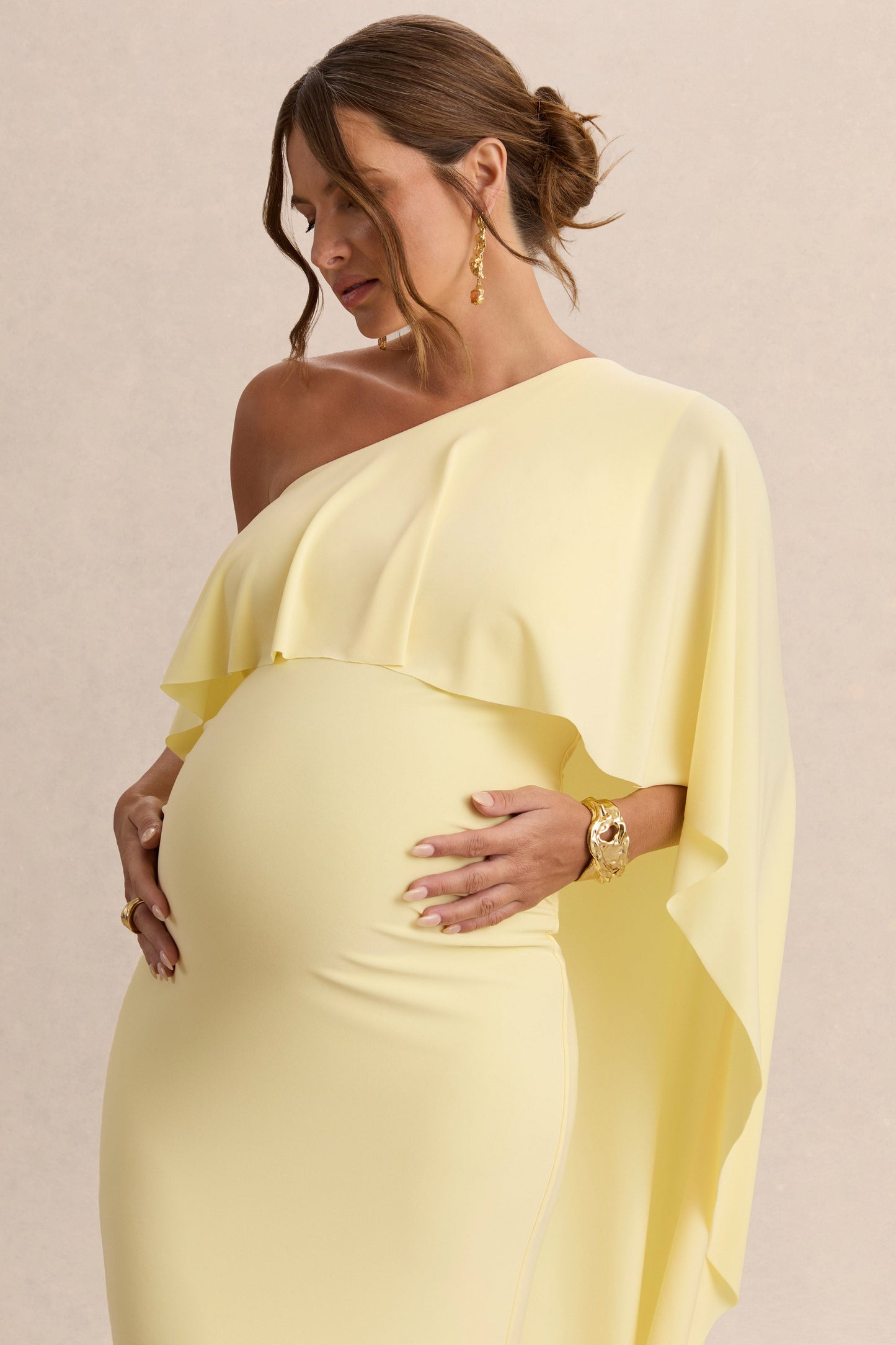 Cicely | Lemon Asymmetric-Neck Maternity Maxi Dress With Cape Sleeve