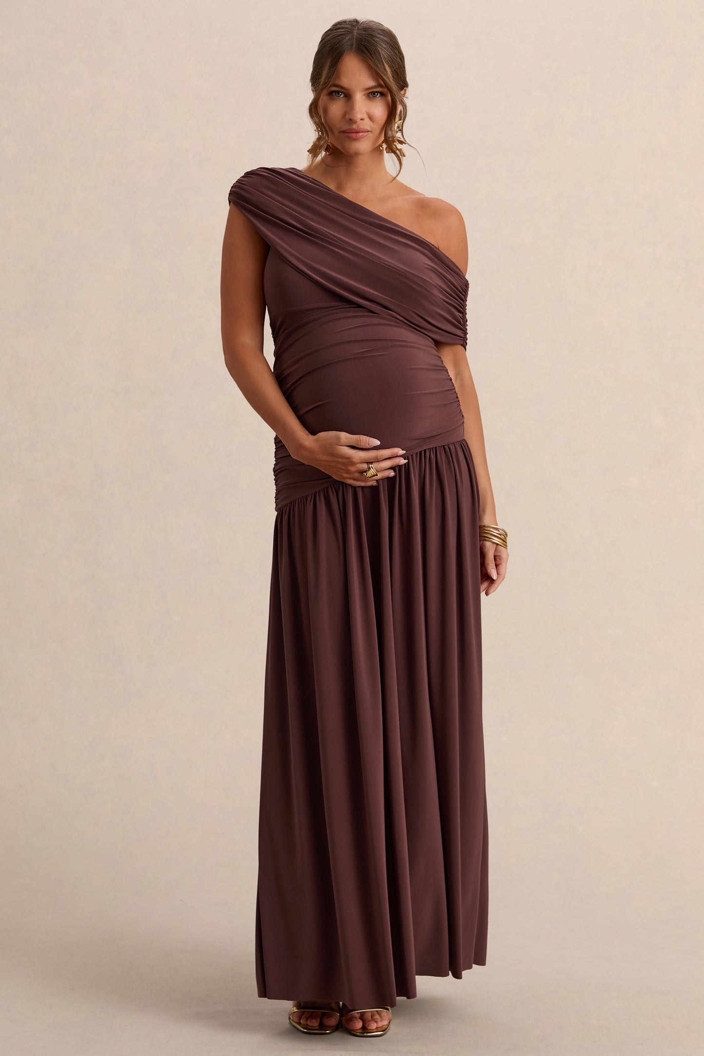Marjorie | Dark Brown Asymmetric-Neck Maternity Maxi Dress