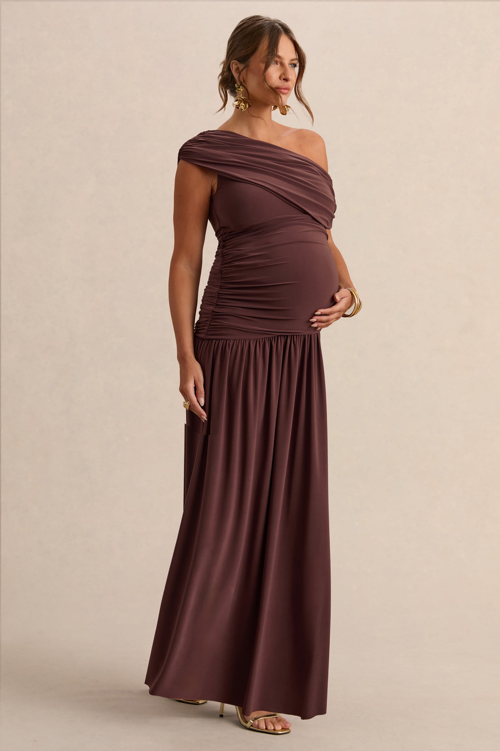 Marjorie | Dark Brown Asymmetric-Neck Maternity Maxi Dress