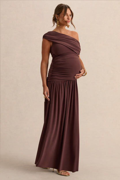 Marjorie | Dark Brown Asymmetric-Neck Maternity Maxi Dress