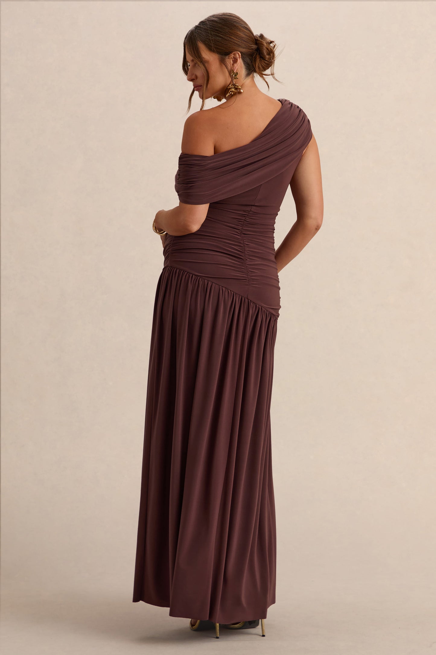 Marjorie | Dark Brown Asymmetric-Neck Maternity Maxi Dress