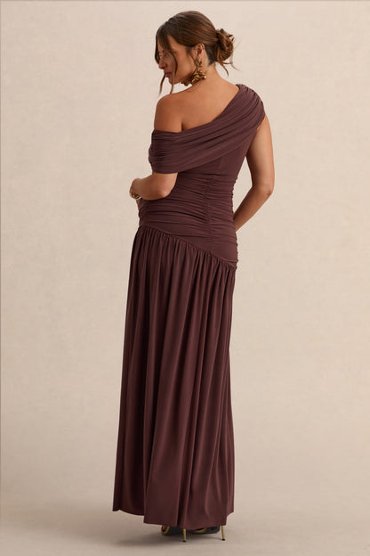 Marjorie | Dark Brown Asymmetric-Neck Maternity Maxi Dress